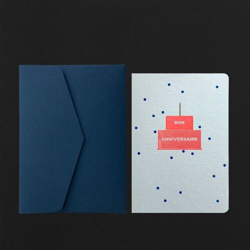 Carte postale BON ANNIVERSAIRE gateau + enveloppe bleu nuit