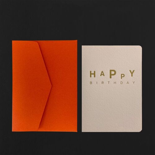 Carte postale HAPPY BIRTHDAY dansant dorure sur crème + enveloppe mandarine