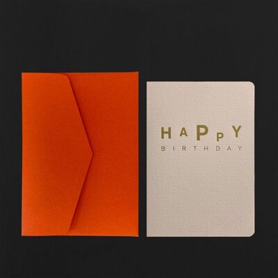 HAPPY BIRTHDAY-Postkarte mit tanzender Vergoldung auf cremefarbenem + Mandarinen-Umschlag