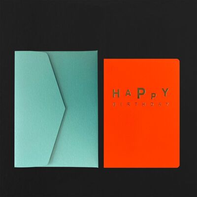 Tanzende HAPPY BIRTHDAY-Postkarte mit neonoranger Vergoldung + mintfarbenem Umschlag