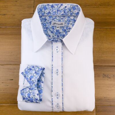 Weißes Grenouille-Oxford-Hemd mit blauen und grauen Blumendetails