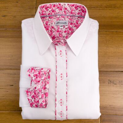 Camicia Oxford bianca Grenouille con dettagli floreali rosa e grigi