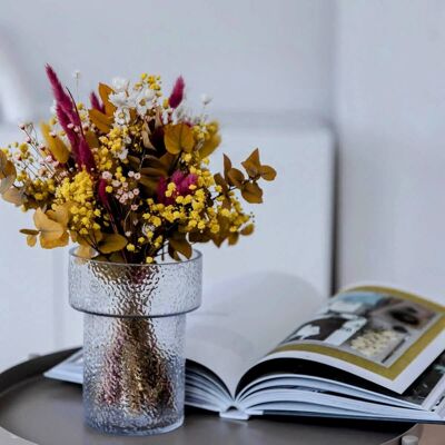 Vibrant: Yellow eucalyptus and magenta in a dried flower arrangement