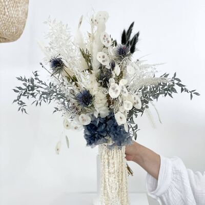 Waterfall bridal bouquet dried flowers pampas grass white blue