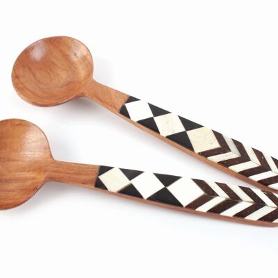 Salad servers // Neem wood with decor made of horn, bone and coconut wood