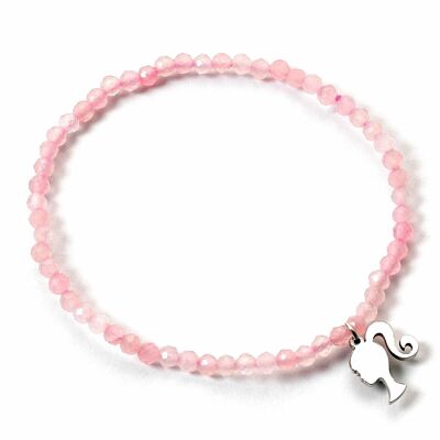 Charm de silueta de plata de ley de Barbie y pulsera de cuentas de cuarzo rosa