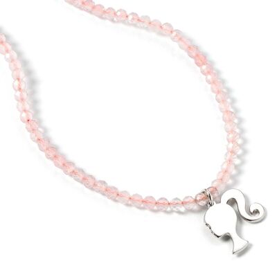 Barbie Sterling Silver Silhouette Charm sur un collier de perles de quartz rose