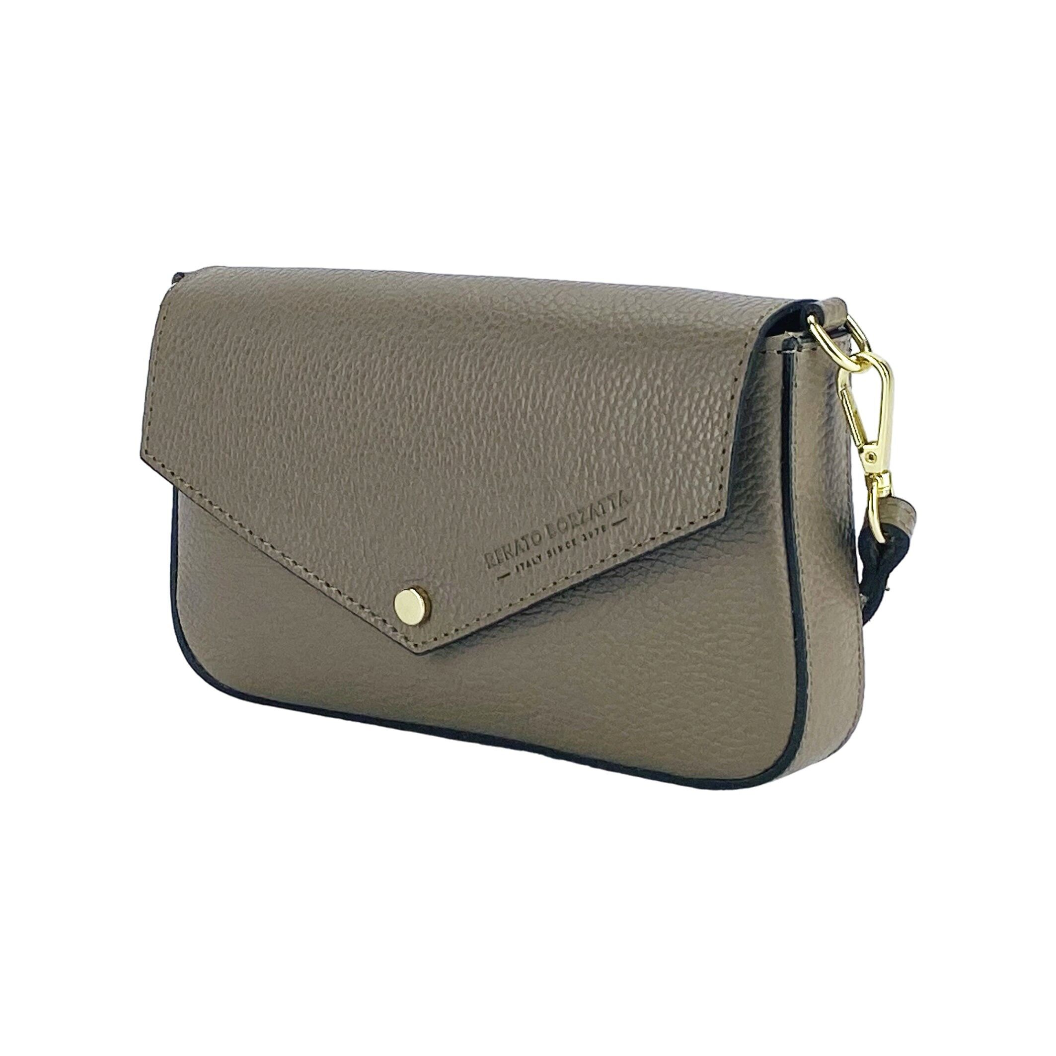 RB1023AQ | Small Shoulder Bag with Removable Chain Shoulder Strap in Genuine Leather Made in Italy.   Closing flap. Shiny Gold metal accessories - Taupe color - Dimensions: 22 x 12 x 3 cm