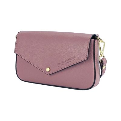 RB1023AZ | Small Shoulder Bag with Removable Chain Shoulder Strap in Genuine Leather Made in Italy.   Closing flap. Shiny Gold metal accessories - Antique Pink color - Dimensions: 22 x 12 x 3 cm