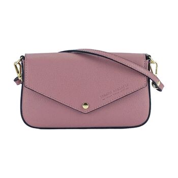 RB1023AZ | Petit sac à bandoulière avec bandoulière en chaîne amovible en cuir véritable fabriqué en Italie. Rabat de fermeture. Accessoires en métal Doré Brillant - Coloris Rose Antique - Dimensions : 22 x 12 x 3 cm 2