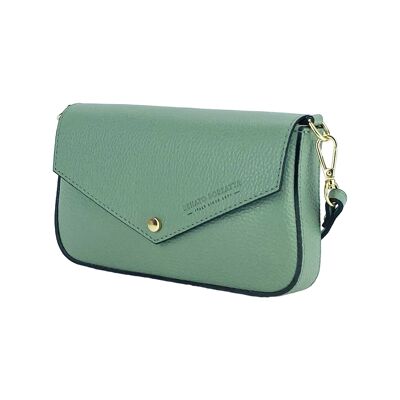 RB1023BF | Small Shoulder Bag with Removable Chain Shoulder Strap in Genuine Leather Made in Italy.   Closing flap. Shiny Gold metal accessories - Mint color - Dimensions: 22 x 12 x 3 cm