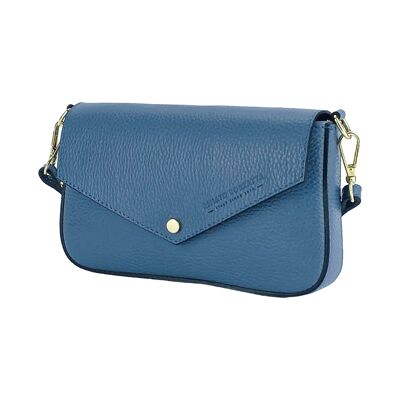 RB1023P | Small Shoulder Bag with Removable Chain Shoulder Strap in Genuine Leather Made in Italy.   Closing flap. Polished gold metal accessories - Air force blue color - Dimensions: 22 x 12 x 3 cm
