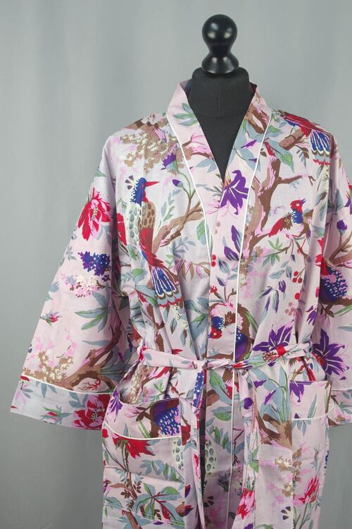 Tropical Peach Birds Print Long Cotton Kimono Gown Robe