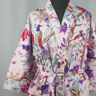 Tropical Peach Birds Print Long Cotton Kimono Gown Robe