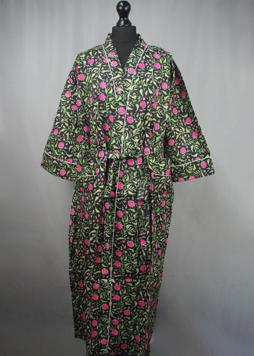 Pink Roses on Black Long Cotton Kimono Gown Robe