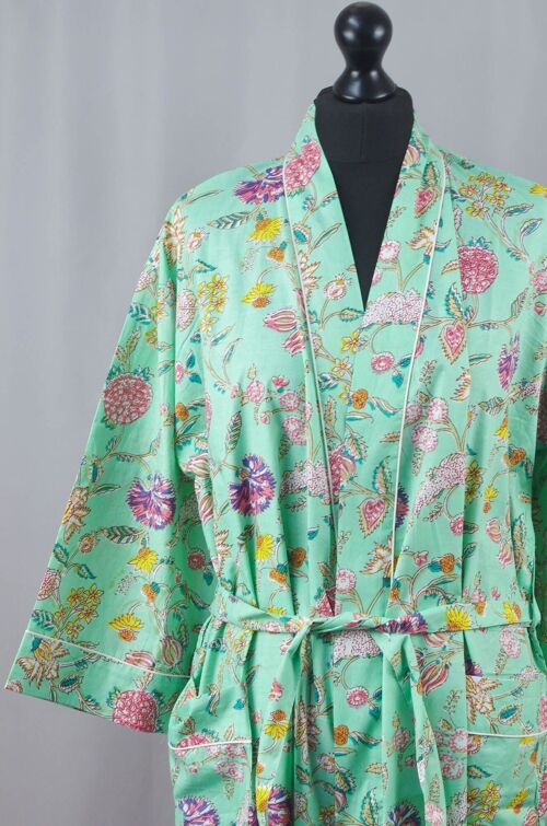 Mint Wild Flowers  Long Cotton Kimono Gown Robe