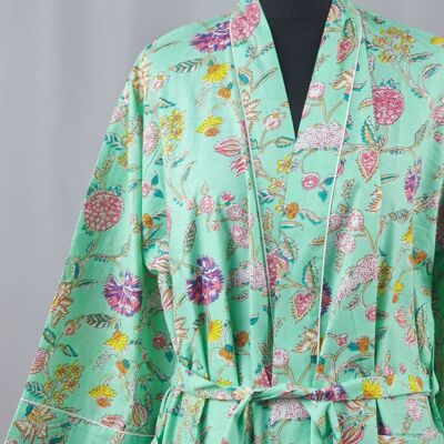 Vestaglia lunga in kimono di cotone con fiori selvatici alla menta