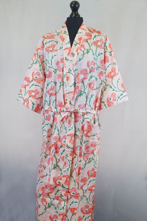 Poppy Flowers Long Cotton Kimono Gown Robe