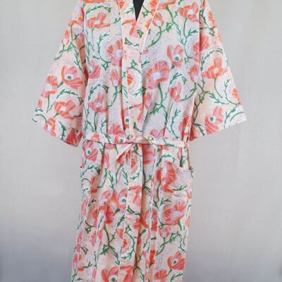 Poppy Flowers Long Cotton Kimono Gown Robe