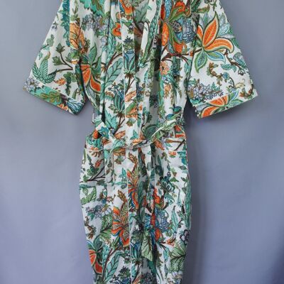 Bata tipo kimono de algodón largo con diseño de jardín tropical en perlas