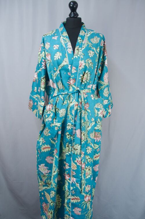 Teal Wild Flowers Long Cotton Kimono Gown Robe