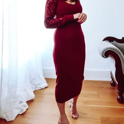 Abito midi in jersey con maniche in pizzo bordeaux