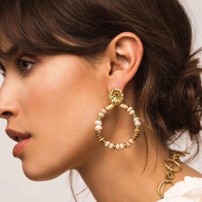 Maélie dangling earrings - textured flower and circle of natural stones