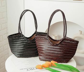 Carmel- Sac fourre-tout en cuir véritable tissé à la main 13