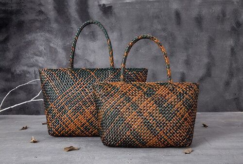 Hand Weave Genuine Leather Tote Bag With Zipper
