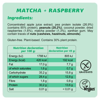 BARRE PROTÉINÉE VEGAN SANS GLUTEN "MATCHA + FRAMBOISE" 45g 5