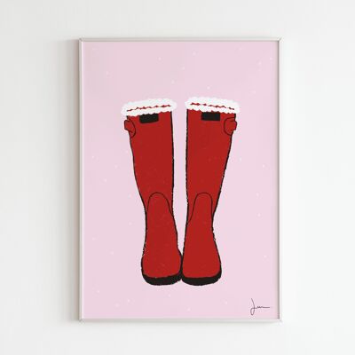 Cartel de botas de Navidad - Ilustración navideña - Arte festivo - Decoración de invierno