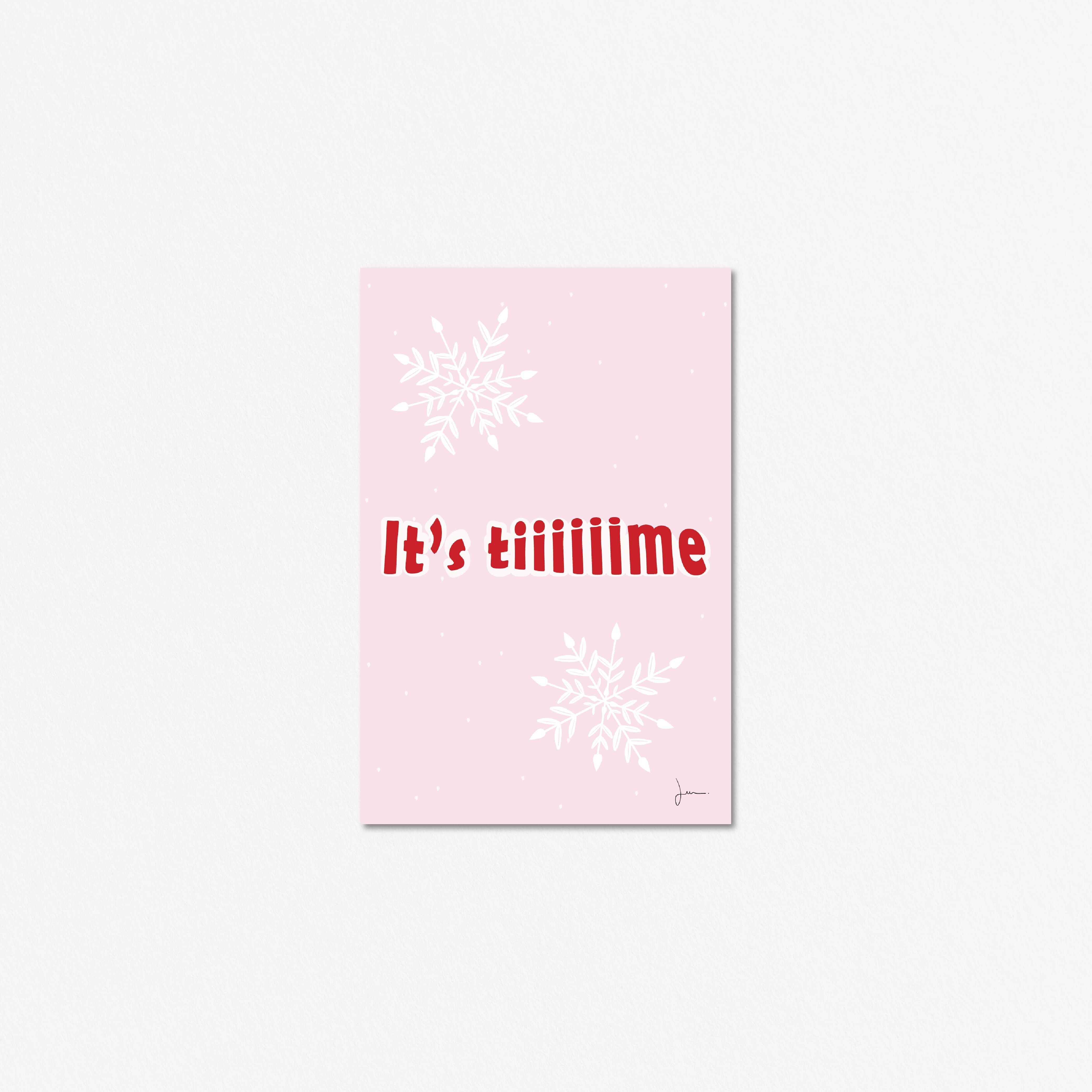 Es ist Zeit-Postkarte – Schneekugel-Postkarte – Weihnachtsfeiertagsillustration – Festliche Kunst – Verzauberte Grußkarte