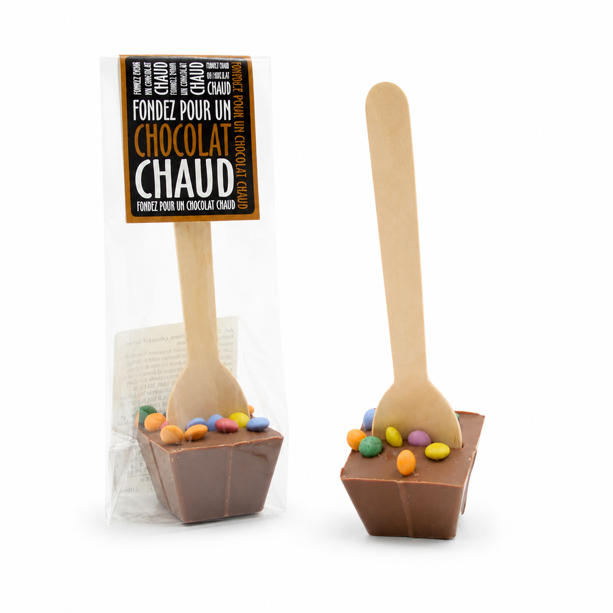 CUCHARA DE PASTILLAS DE COLORES DE CHOCOLATE CON LECHE CALIENTE - 45g de chocolate