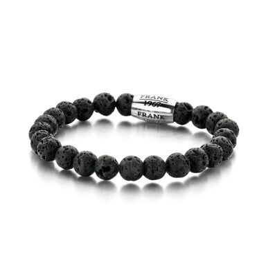 Bracelet en perles de pierre de lave noire avec perle en acier inoxydable - 7FB-0050