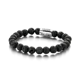 Bracelet en perles de pierre de lave noire avec perle en acier inoxydable - 7FB-0050 1