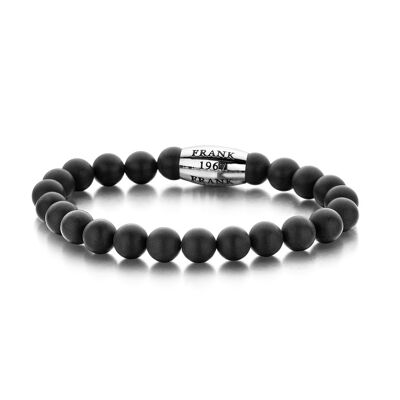 Bracelet en perles d'agate noire mate avec perle en acier inoxydable - 7FB-0056
