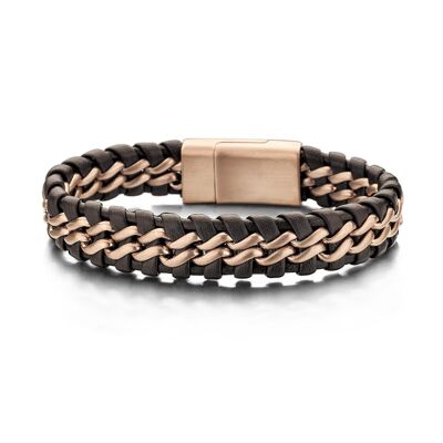 Brown and rosegold braided steel and leather bracelet - 7FB-0063