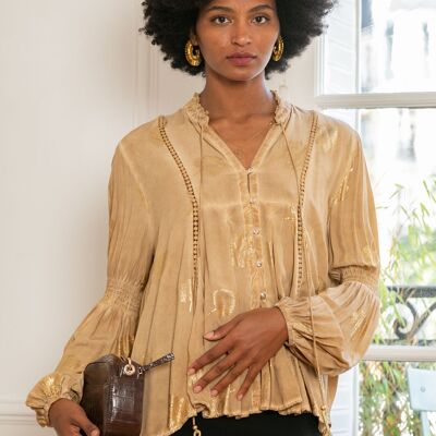 Gold effect print shirt with strap, lantern sleeves,