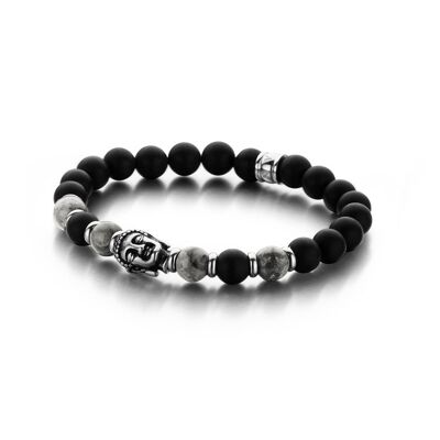 Bracelet perles agate et jaspis noir/gris avec bouddha et perles acier - 7FB-0149