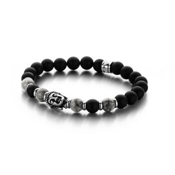 Bracelet perles agate et jaspis noir/gris avec bouddha et perles acier - 7FB-0149 1