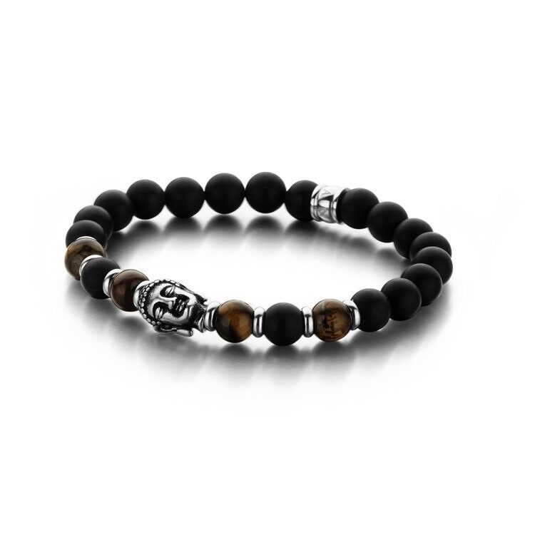 Bracciale in agata nera/marrone e perline occhio di tigre con buddha e perline in acciaio inossidabile - 7FB-0150