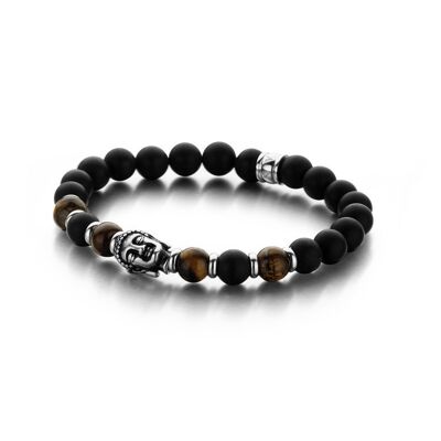 Bracelet perles agate noire/marron et oeil de tigre avec bouddha et perles acier inoxydable - 7FB-0150
