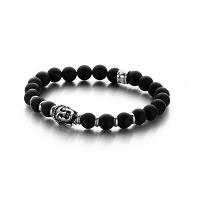 Pulsera de cuentas de ágata negra mate con buda de acero inoxidable y cuentas - 7FB-0151