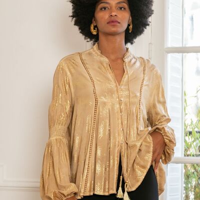 Camisa estampada efecto dorado con tirante, mangas farol