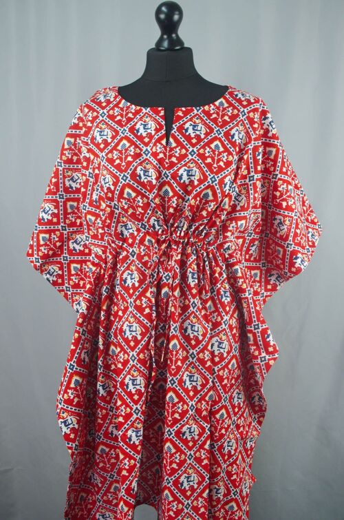 Block Printed Cotton Coverup / Kaftans -  Elephant On Red