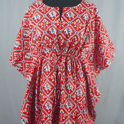 Block Printed Cotton Coverup / Kaftans -  Elephant On Red