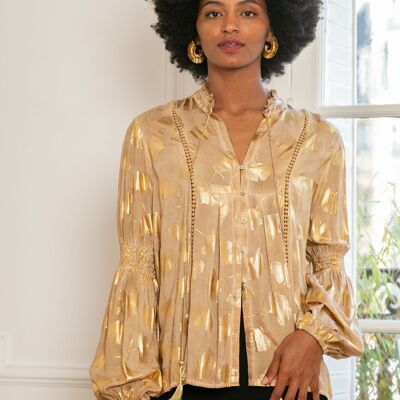 Gold effect print shirt with strap, lantern sleeves