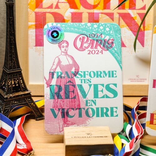 Carte Letterpress La Détermination (Escrime), Paris 2024, JO, Jeux Olympiques, Femme, Sport, Tour Eiffel