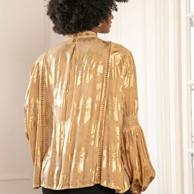 Gold effect print shirt with strap, lantern sleeves