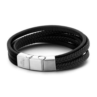 Black leather bracelet with braided pattern - 7FB-0192